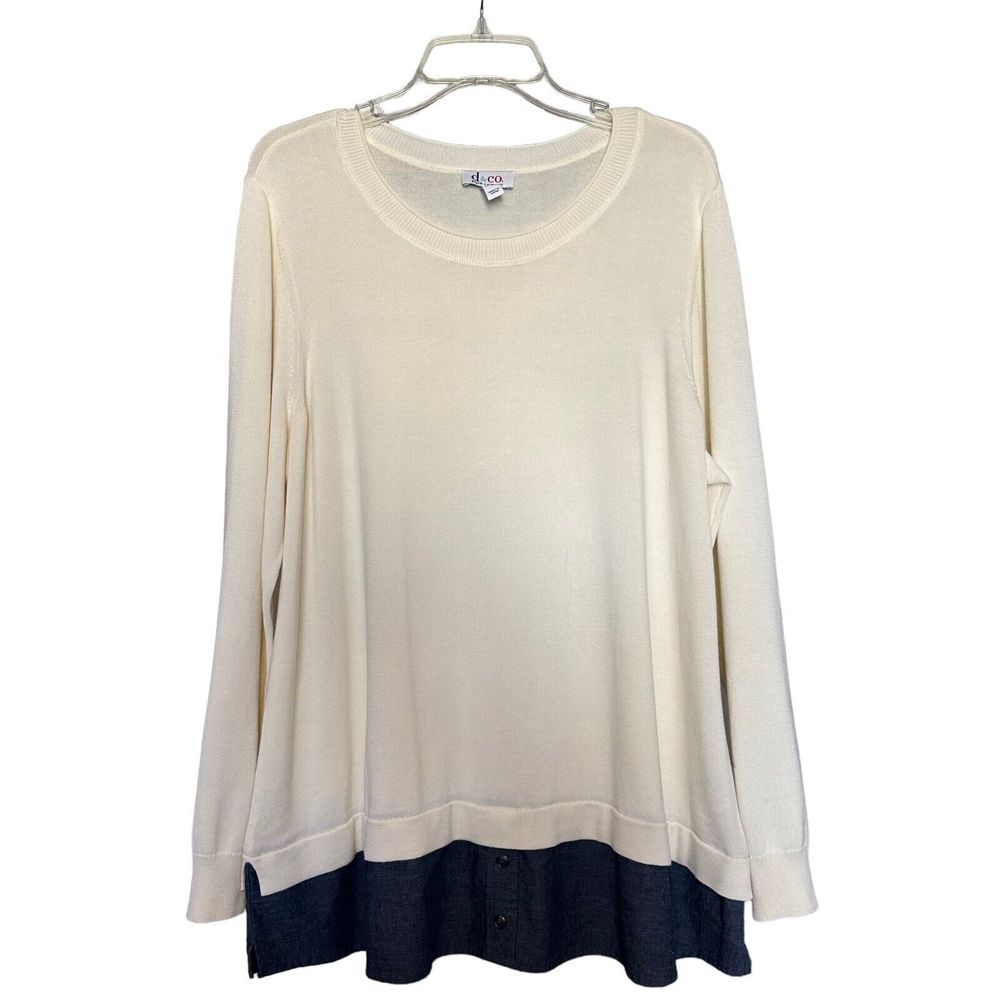 Denim & Co Womens Tunic Top Ivory 1X Layered Hem Long Sleeve Round Neck Pullover